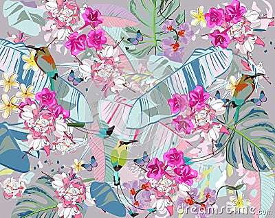 Series of backgrounds with summer and spring flowers. Floral decorations with blossom trees and birds. Vector Illustration